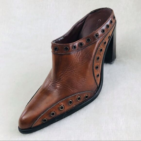 Colin Stuart Brown Pointed Toe Heeled Mule Slip On Shoes with Grommet detailing - Picture 2 of 12